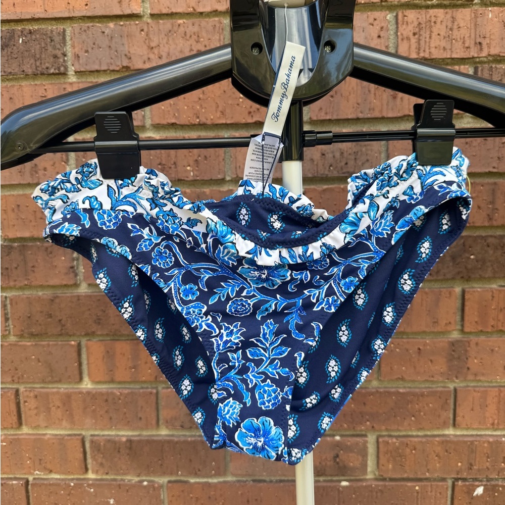 Tommy Bahama Woodblock Reversible Hipster Ruffle Bikini Bottoms Blue Size XS New